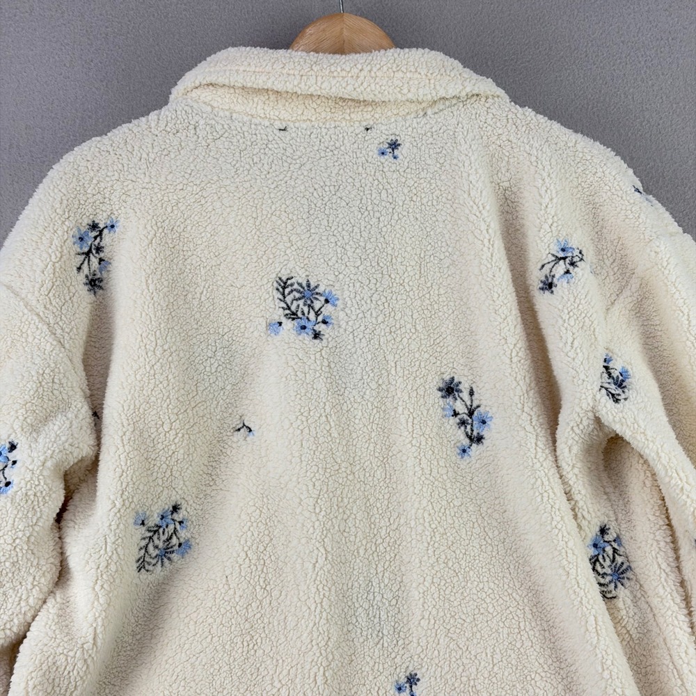 Dreamers Floral Sherpa Fleece Pullover Women Small Cream Blue Snap Neck - Picture 3 of 9